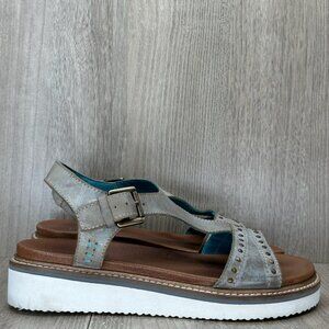 Roan by Bed Stu Martina T-Strap Wedge Sandals Womens 6.5 Studded Alkaline Gray